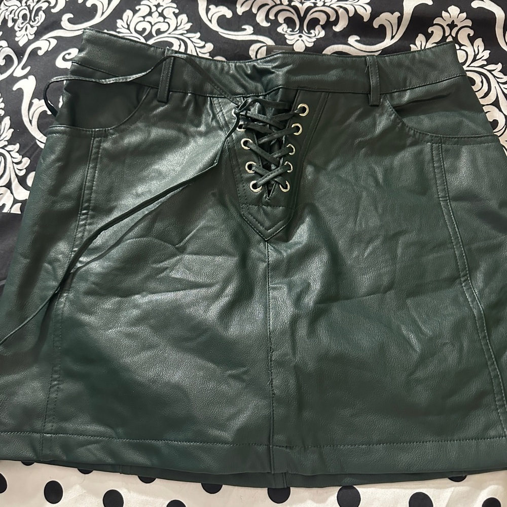 Green Lace-Up Leather Skirt